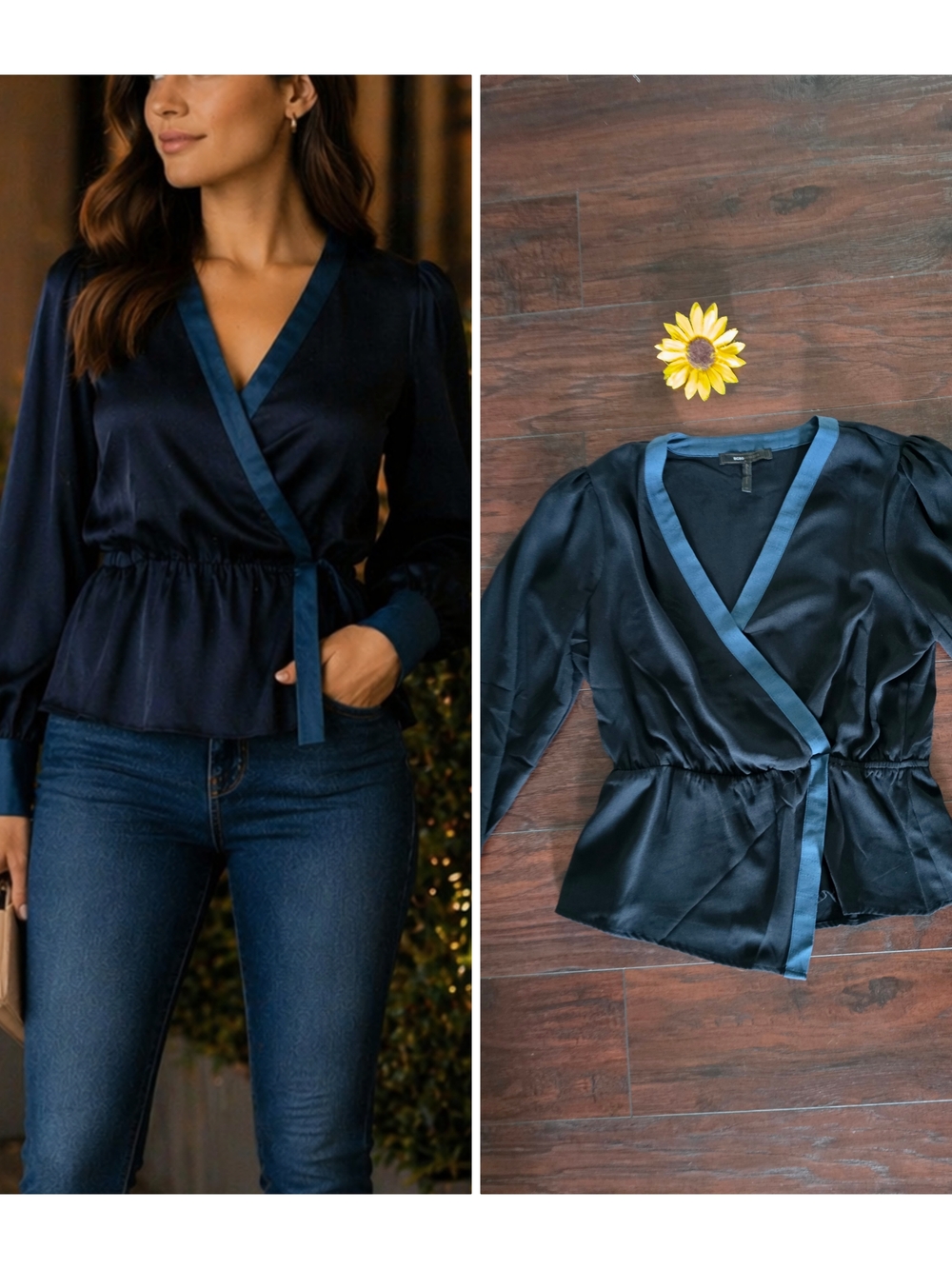 BCBGMaxAzria Navy Satin Wrap Blouse with Contrast Trim